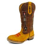 Bota Texana Masculina Couro Legítimo Bovino Nobuck Castor e Fóssil Pinhão Bordado Flecha Salto Carrapeta