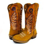 Bota Texana Masculina Couro Legítimo Bovino Crazy Horse Sela e Fóssil Pinhão Bordado Asa Salto Carrapeta