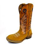 Bota Texana Masculina Couro Legítimo Bovino Crazy Horse Sela e Fóssil Pinhão Bordado Asa Salto Carrapeta