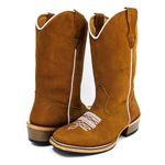 Bota Texana Masculina Cano Padrão Couro Legítimo Nobuck Batido Florão Branco Salto Carrapeta