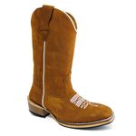 Bota Texana Masculina Cano Padrão Couro Legítimo Nobuck Batido Florão Branco Salto Carrapeta