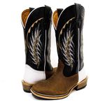 Bota Texana Masculina Couro Legítimo Látego Preto e Branco e Crazy Horse Café Bordado Raio Salto Carrapeta 