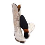 Bota Texana Feminina Country Couro Legítimo Bovino Anaconda Areia e Off White Bordado N.S