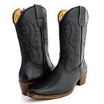Bota Texana Cano Médio Feminina Country Couro Legítimo Bovino Floater Preto Bordado Raio