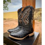 Bota Texana Masculina Bico Quadrado Couro Exótico Jacaré Preto e Crazy Horse Preto Bordado Real