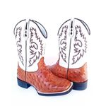 Bota Texana Masculina Cano Padrão Couro Legítimo Avestruz Whisk e Floater Branco Bordado Raio Solado Borracha