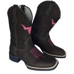 Bota Texana Country Feminina Bico Quadrado Couro Bovino Legítimo Mustang Café Corte Laser Boi