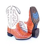 Bota Texana Masculina Cano Padrão Couro Legítimo Avestruz Whisk e Floater Branco Bordado Raio Solado Borracha