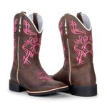 Bota Texana Country Feminina Bico Quadrado Couro Bovino Legítimo Mustang Café Bordado Floral Rosa