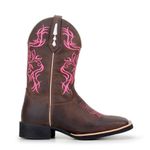 Bota Texana Country Feminina Bico Quadrado Couro Bovino Legítimo Mustang Café Bordado Floral Rosa