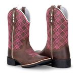 Bota Texana Country Feminina Bico Quadrado Couro Bovino Legítimo Mustang Café Bordado Geométrico Rosa