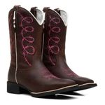 Bota Texana Country Feminina Bico Quadrado Couro Bovino Legítimo Mustang Café Bordado Arame Rosa