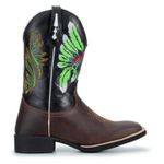 Bota Texana Masculina Cano Padrão Couro Legítimo Mustang Café e Látego Preto Bordado Cocar