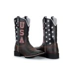 Bota Texana Masculina Cano Padrão Couro Legítimo Mustang Café e Látego Preto Bordado Boi USA Solado Borracha