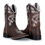 Bota Texana Country Feminina Bico Quadrado Couro Bovino Legítimo Mustang Café Bordado Floral Branco