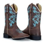 Bota Texana Country Feminina Bico Quadrado Couro Bovino Legítimo Mustang Café Bordado Floral Azul
