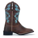 Bota Texana Country Feminina Bico Quadrado Couro Bovino Legítimo Mustang Café Bordado Floral Azul
