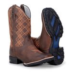Bota Texana Masculina Cano Padrão Couro Legítimo Mustang Café Bordado Geométrico Solado Borracha