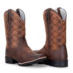 Bota Texana Masculina Cano Padrão Couro Legítimo Mustang Café Bordado Geométrico Solado Borracha