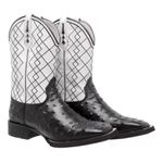 Bota Texana Masculina Cano Padrão Couro Legítimo Avestruz Preto e Floater Branco Bordado Geométrico Solado Borracha 