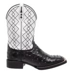Bota Texana Masculina Cano Padrão Couro Legítimo Avestruz Preto e Floater Branco Bordado Geométrico Solado Borracha 