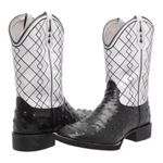Bota Texana Masculina Cano Padrão Couro Legítimo Avestruz Preto e Floater Branco Bordado Geométrico Solado Borracha 