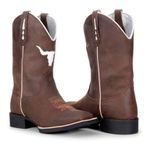 Bota Texana Masculina Cano Padrão Couro Bovino Legítimo Mustang Café Corte Laser Boi Branco