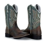 Bota Texana Masculina Cano Padrão Couro Legítimo Mustang Café e Fóssil Azul Bordado Real