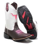 Bota Texana Country Feminina Bico Quadrado Couro Bovino Legítimo Mustang Café E Floater Branco Corte Laser Rosa Fly