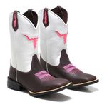 Bota Texana Country Feminina Bico Quadrado Couro Bovino Legítimo Mustang Café E Floater Branco Corte Laser Rosa Fly