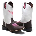 Bota Texana Country Feminina Bico Quadrado Couro Bovino Legítimo Mustang Café E Floater Branco Corte Laser Rosa Fly