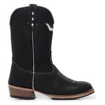 Bota Texana Masculina Cano Padrão Couro Legítimo Crazy Horse Preto e Tilápia Preto Corte Laser Boi Branco Solado Carrapeta