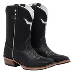 Bota Texana Masculina Cano Padrão Couro Legítimo Crazy Horse Preto e Tilápia Preto Corte Laser Boi Branco Solado Carrapeta