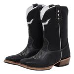 Bota Texana Masculina Cano Padrão Couro Legítimo Crazy Horse Preto e Tilápia Preto Corte Laser Boi Branco Solado Carrapeta