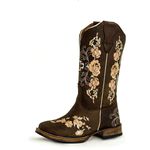 Bota Texana Country Feminina Bico Quadrado Couro Bovino Legítimo Mustang Café Bordado Floral