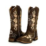 Bota Texana Country Feminina Bico Quadrado Couro Bovino Legítimo Mustang Café Bordado Floral