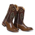Bota Texana Masculina Bico Quadrado Couro Bovino Jacaré Envelhecido Amarelo e Mustang Café Com Solado Reto