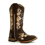 Bota Texana Country Feminina Bico Quadrado Couro Bovino Legítimo Mustang Café Bordado Floral