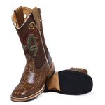 Bota Texana Masculina Bico Quadrado Couro Bovino Jacaré Envelhecido Amarelo e Mustang Café Com Solado Reto