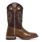 Bota Texana Masculina Bico Quadrado Couro Bovino Jacaré Envelhecido Amarelo e Mustang Café Com Solado Reto