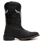 Bota Texana Masculina Cano Padrão Couro Legítimo Crazy Horse Preto Bordado Boi Branco Solado Borracha