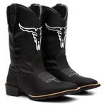 Bota Texana Masculina Cano Padrão Couro Legítimo Crazy Horse Preto Bordado Boi Branco Solado Borracha