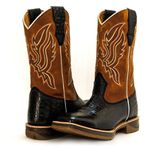 Bota Texana Masculina Couro Bovino Legítimo Jacaré Preto e Crazy Horse Sela Bordado Asa Solado Jump 