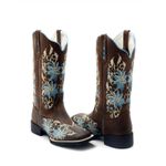 Bota Texana Country Feminina Bico Quadrado Couro Bovino Legítimo Mustang Café Bordado Floral Azul