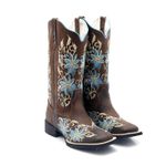 Bota Texana Country Feminina Bico Quadrado Couro Bovino Legítimo Mustang Café Bordado Floral Azul