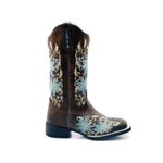 Bota Texana Country Feminina Bico Quadrado Couro Bovino Legítimo Mustang Café Bordado Floral Azul