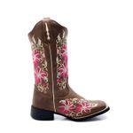 Bota Texana Country Feminina Bico Quadrado Couro Bovino Legítimo Mustang Café Bordado Floral Rosa