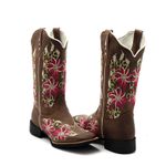Bota Texana Country Feminina Bico Quadrado Couro Bovino Legítimo Mustang Café Bordado Floral Rosa