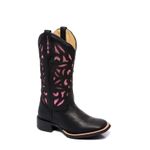 Bota Texana Country Feminina Bico Quadrado Couro Bovino Legítimo Floater Preto Corte Laser Rosa Gliter