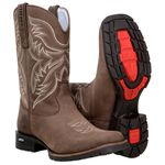 Bota Texana Masculina Bico Quadrado Couro Legítimo Crazy Horse Café Bordado Marfim